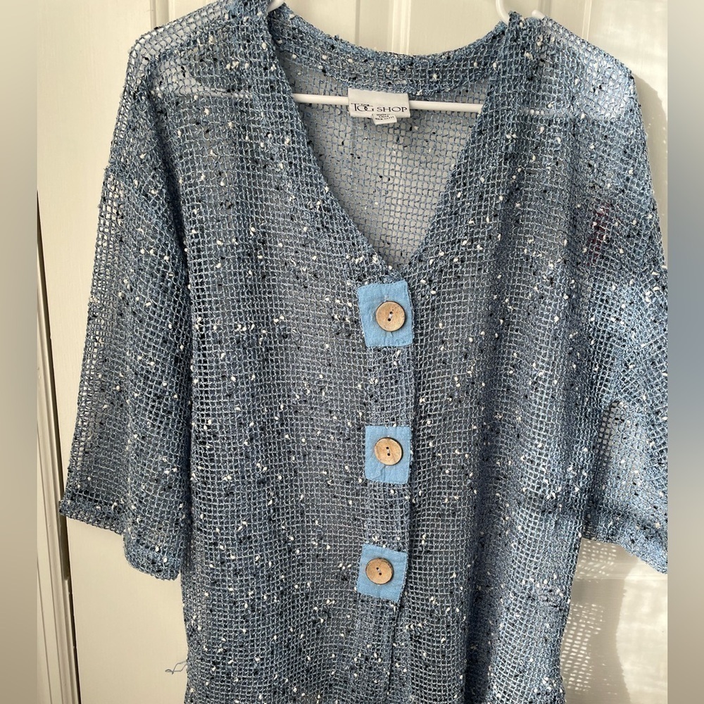 Tog Shop Blue Cardigan. Size L L27” sleeve 14 “shoulder 8” bust23”
